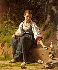 Francois Alfred Delobbe A Young Girl feeding Baby Chicks painting